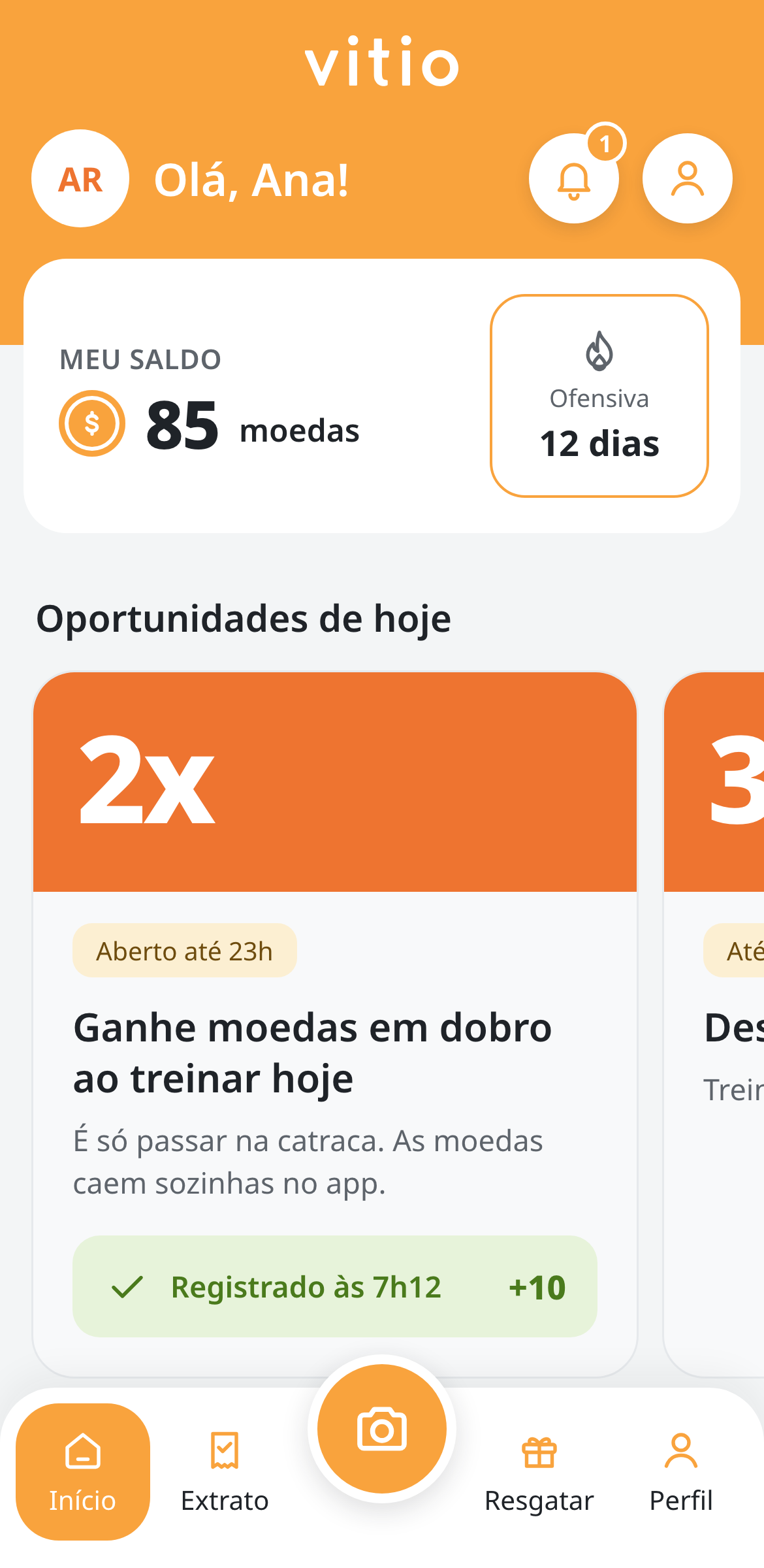 Tela inicial com o treino registrado às 7h12
